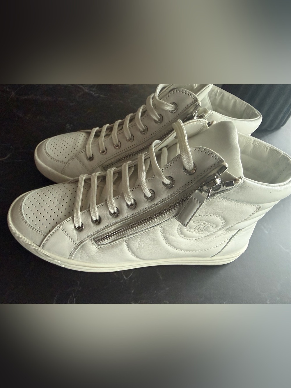 CHANEL White Leather High-Top Zip Sneakers
